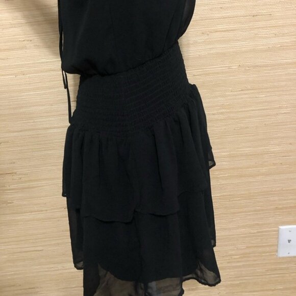 1.STATE (Revolve) RICH BLACK SMOCKED LONG SLEEVE RUFFLE MINI SWIRL DRESS XS - Picture 6 of 13